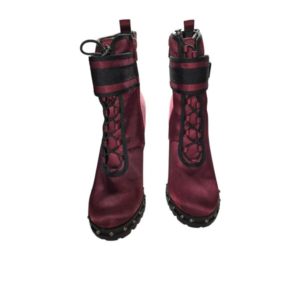 Burgundy Satin High-Heel Combat Boots Studded Soles Womens Size 7 - Picture 2 of 7
